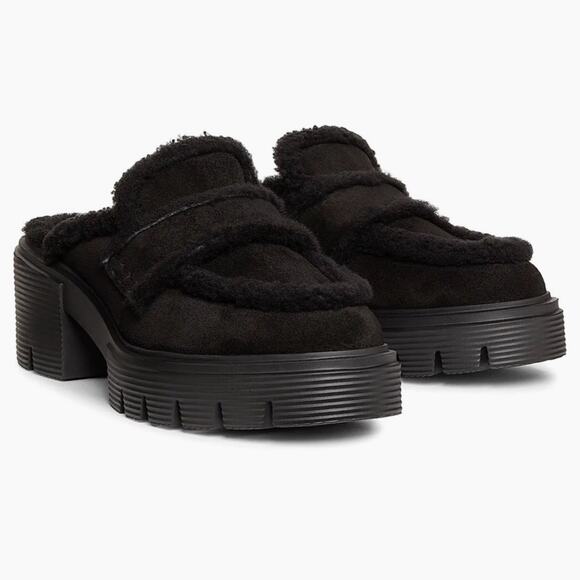 Stuart Weitzman Soho Chill Suede Shearling Loafer Mule Black 9.5B Platform - Picture 5 of 12